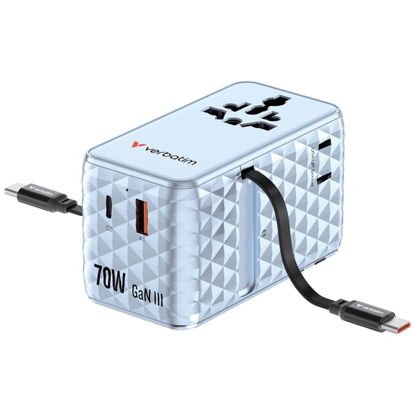 Verbatim EU/UK/USA matkasovitin GaN 1xUSB-C/1xUSB-A/2xUSB-C PD 70W sininen 30187