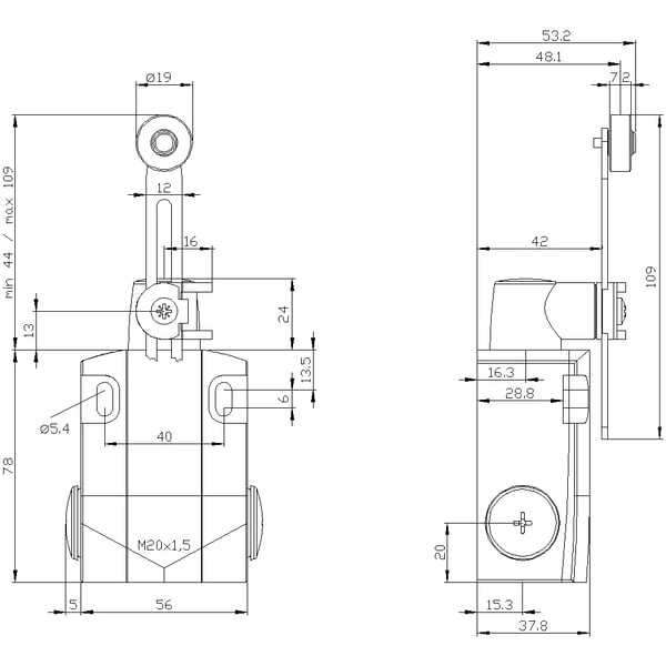 Siemens 3SE51220LH50 3SE5122-0LH50 Pysäytyskytkin 6 A Keinutanko, metallitanko, muovirulla IP66, IP67 1 kpl