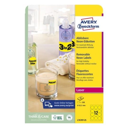 Avery L7670Y - Neongul - 63,5 mm runde 300 etikett(er) (25 ark x 12) runde etiketter
