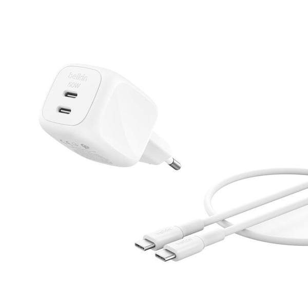Belkin BoostCharge Pro - Strømadapter - GaN - 50 watt - Fast Charge - 2 utgangskontakter (2 x USB-C) - hvit - med USB-C-kabel (1m)