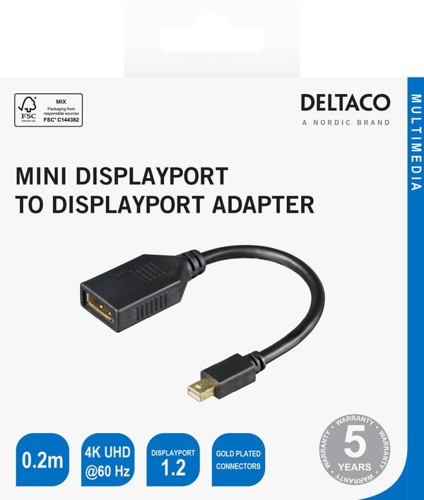 DELTACO - DisplayPort-adapter - Mini DisplayPort (hane) till DisplayPort (hona) - 20 cm - passiv, upp till 21,6 Gbps datahastighet, stöd för 1920 x...