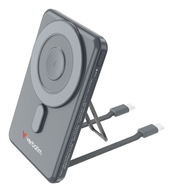 Verbatim Charge 'n' Go - Trådlös powerbank - magnetisk, med stativ - 5000 mAh - 20 Watt - 2.4 A - PD 3.0, QC 3.0, Apple 2.4A, USB BC 1.2, AFC - 3 u...