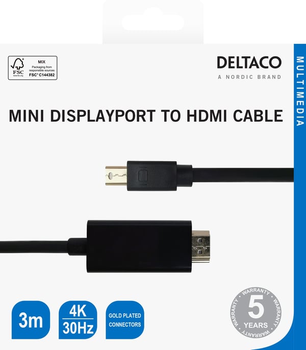 DELTACO - Adapterkabel - Mini DisplayPort hann til HDMI hann - 3 m - svart - 4K 30Hz støtte