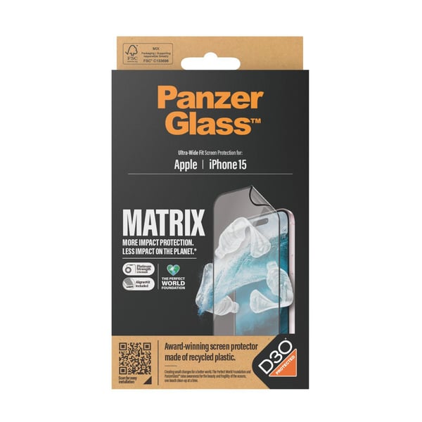 PanzerGlass™ | Ultra-Wide Fit - Skjermbeskyttelse for mobiltelefon - Matrix Protection | Apple iPhone 15