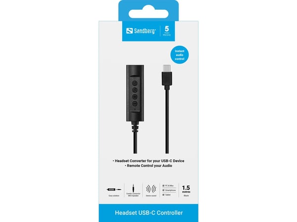 Sandberg Headset USB-C Controller, 1.5m