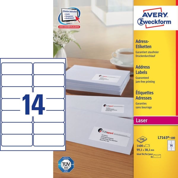 Avery L7163-100, Valkoinen, Pyöristetty suorakulmio, Kiinteä, DIN A4, Paperi, Laser