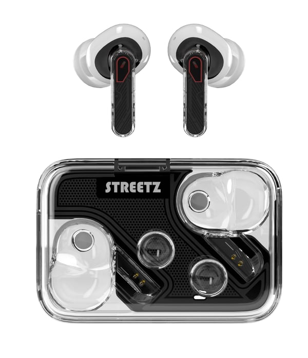 Streetz Gjennomsiktige True Wireless Earbuds med Dual Mic ENC, Trådløs, Samtaler/musikk, 20 - 20000 Hz, 47 g, Hodesett, Svart