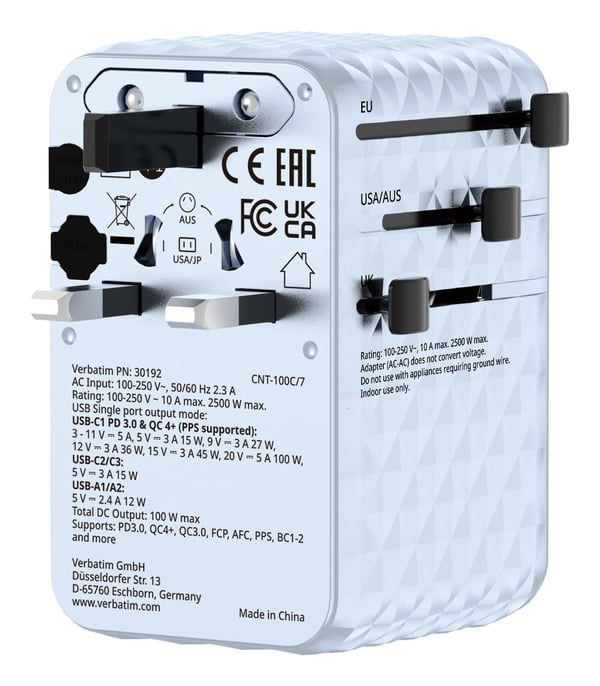 Verbatim 30192 reiseadapter 100 W GaN III, 5 USB-porter, blå