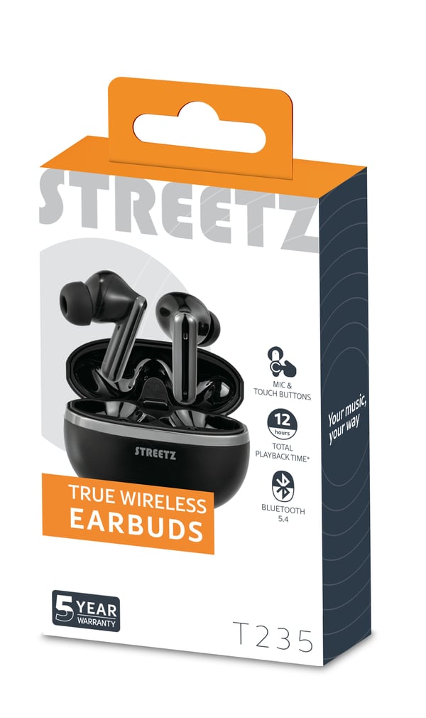 Streetz T235 TWS earphones black, True Wireless Stereo (TWS), Samtaler/musikk, 20 - 20000 Hz, 40 g, Hodesett, Svart