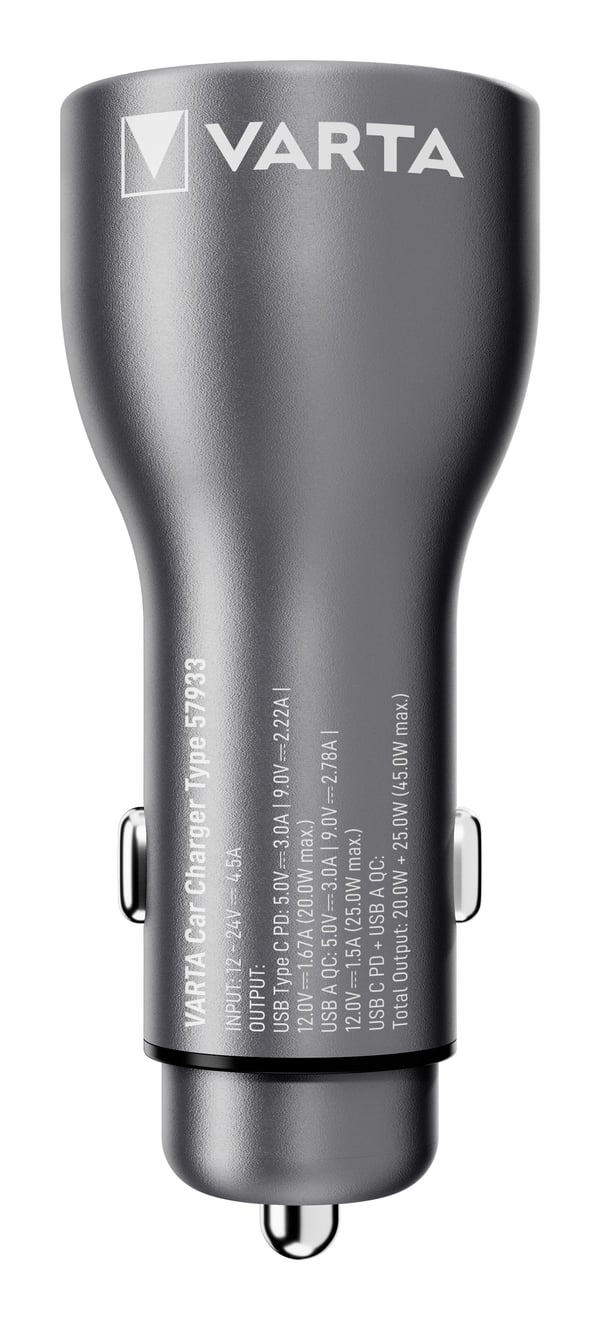 Varta - Strömadapter för bil - 45 Watt - 3 A - QC, PD - 2 utdatakontakter (USB, 24 pin USB-C)