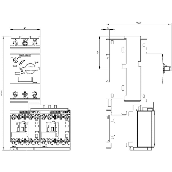 Siemens 3RA2210-0GA15-2BB4 3RA22100GA152BB4 Verbraucherabzweig Motorleistung bei 400 V 0.18 kW 690 V Nennstrom 0.6 A, 170 mm, 97,5 mm, 181 mm, 112,...