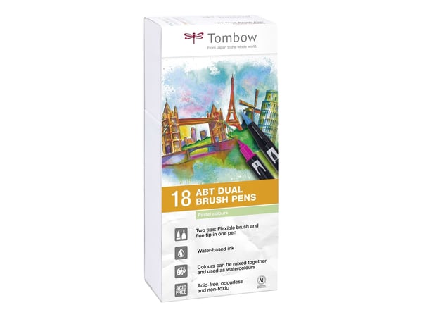 Tombow ABT-18P-5, Fint, 18 farger, Kulespiss og penselpenn, Flerfarget, Rund, Vann-basert blekk