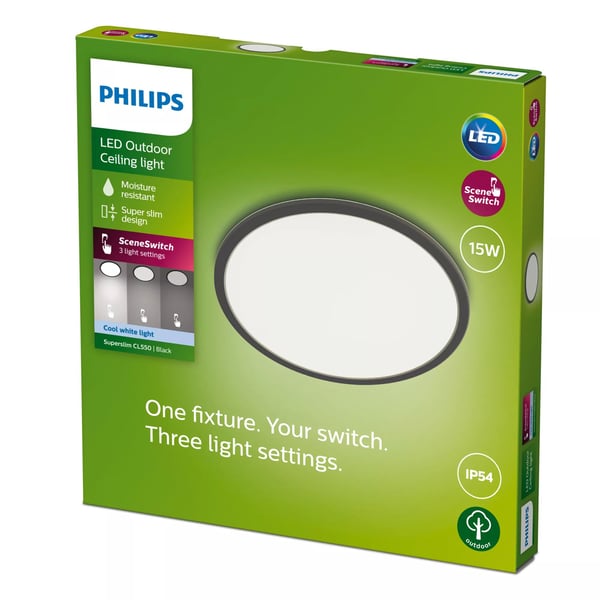 Philips Superslim-taklampe, 15 W, Svart, Metall, Plast, IP54, Terrasse, Hage, II, Tidsriktig