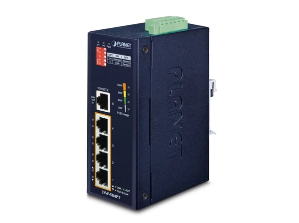 PLANET ISW-504PT - Switch - 4 x 10/100 (PoE) + 1 x 10/100 - DIN-skinnemonterbar, veggmonterbar - PoE - DC-strøm