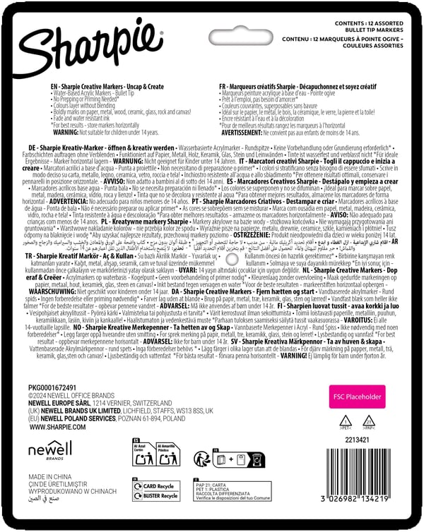 Sharpie Creative akryltusj jordfarger kulespiss - med 12 stk. assorterte farger