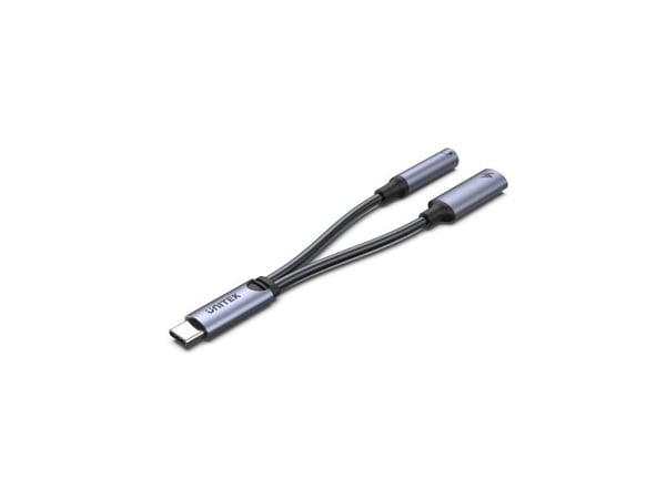 Unitek - USB-C til hodetelefonjakk / ladeadapter - 24 pin USB-C hann til minijakk, 24 pin USB-C hunn - 14 cm - romgrå - USB Power Delivery (60W)