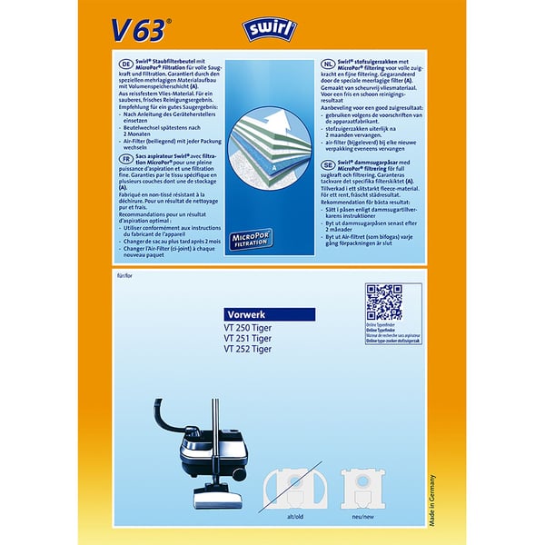 Swirl V 63 MicroPor, Pölypussi, Sylinteripölynimuri, Sininen, Valkoinen, Vorverk VT 250/251/252 Tiger, 4 kpl