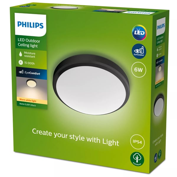 Philips Doris taklampa 6 W, Svart, Metall, Plast, IP54, Terass, Trädgård, I, Modern