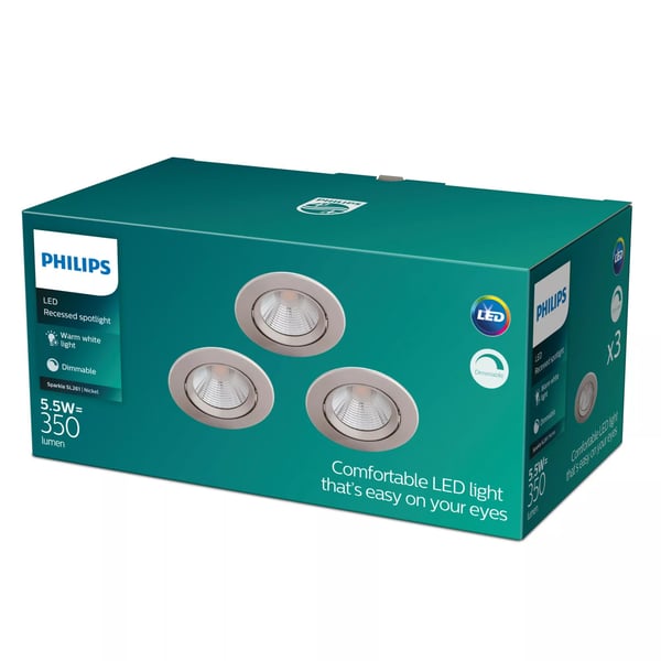 Philips Funktionell Sparkle infälld lampa, Nedtryckbar spotlight, Glödlampan/-lamporna kan inte bytas ut, LED, 2700 K, 350 LM, Nickel
