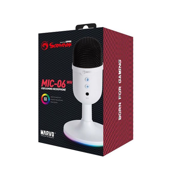 Marvo Marvo-mikrofoni, pelimikrofoni, MIC-06, valkoinen, RGB-taustavalo, kuulokeliitäntä