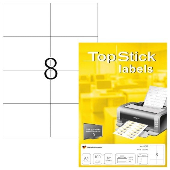 Etiketter TopStick 105x74 mm hvid - (100 ark x 8 stk.)