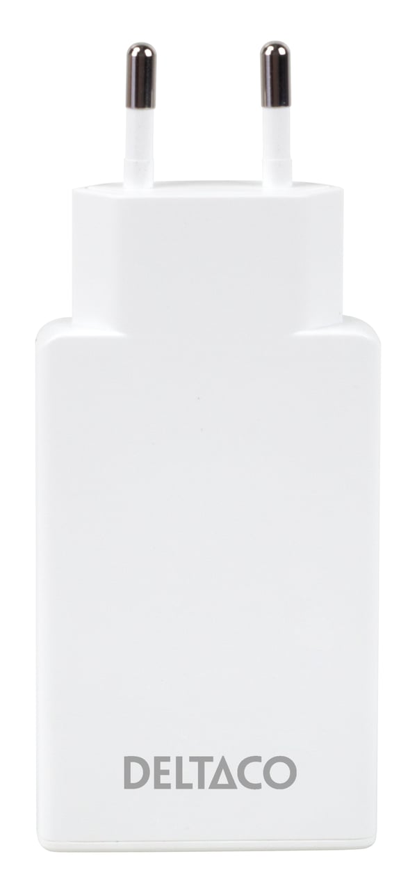DELTACO USBC-AC201 USB-C-seinälaturi 67 W, 2x USB-C, ohut, valkoinen