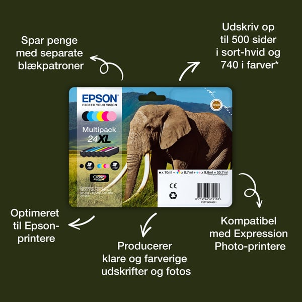 Epson Elephant 24 Norsu Claria Photo HD, yksittäispakkaus, keltainen muste, Perusvärintuotto, Keltainen, Väriainepohjainen muste, 4,6 ml, 1 kpl, Ke...
