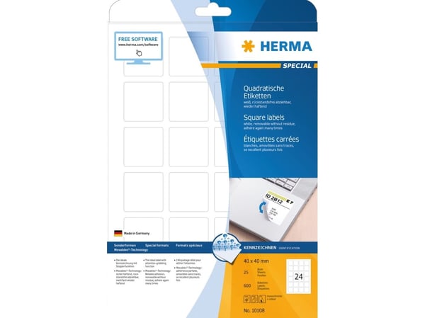 HERMA 10108, Valkoinen, Itse kiinnittyvä tulostintarra, A4, Paperi, Laser/Inkjet, Irroitettava