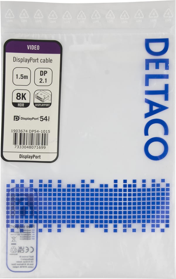 DELTACO - DisplayPort-kabel - DisplayPort (hane) spärrad till DisplayPort (hane) spärrad - DisplayPort 2.1a - 1.5 m - VESA DP54-certifierad - svart