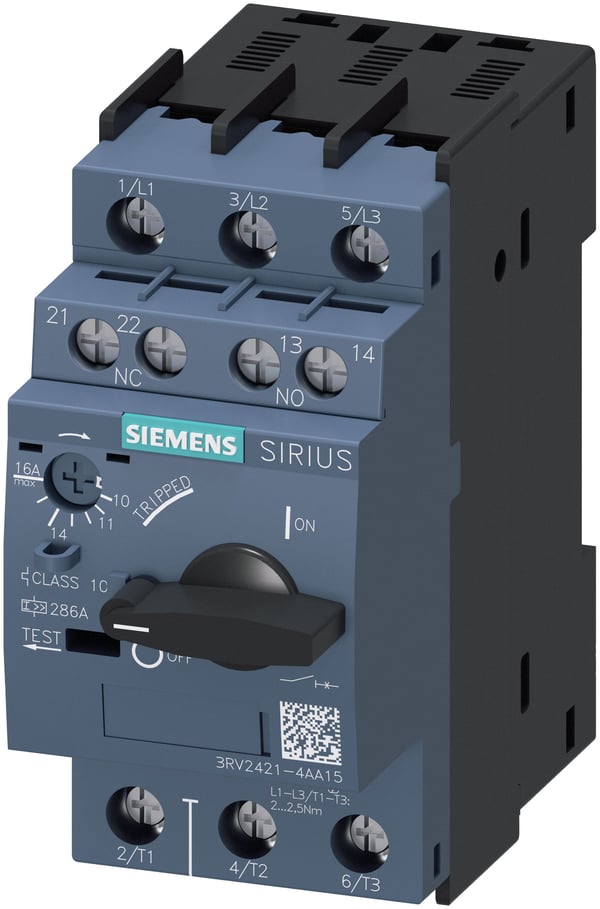 Siemens 3RV2421-4AA15 katkaisija 1 kpl, 1 avaaja, 1 sulkija Säätöalue (virta): 10–16 A Kytkentäjännite (maks.): 690 V/AC (L x K x S) 45 x 97 x 97, ...