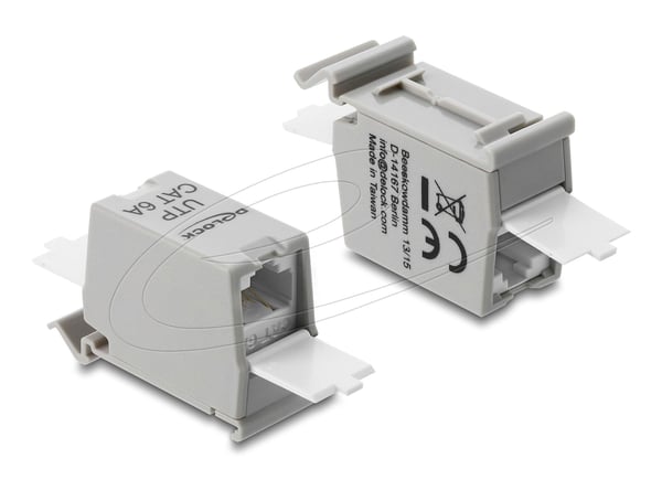 DeLOCK 90934 RJ45-jatkoliitin Cat.6A naaras-naaras DIN-kiskoon harmaa/valkoinen