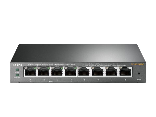 TP-Link Easy Smart TL-SG108PE - V2 - switch - smart - 4 x 10/100/1000 (PoE) + 4 x 10/100/1000 - skrivbordsmodell - PoE (55 W)