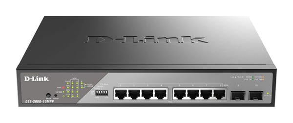 D-Link DSS 200G-10MPP - Switch - Hanterad - 8 x 10/100/1000 (PoE++) + 2 x Gigabit SFP - Rackmonterbar - PoE++ (242 W)