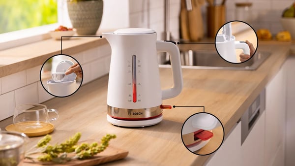 Bosch TWK4M221, 1,7 L, 2400 W, valkoinen, muovi, vesimittari, johdoton