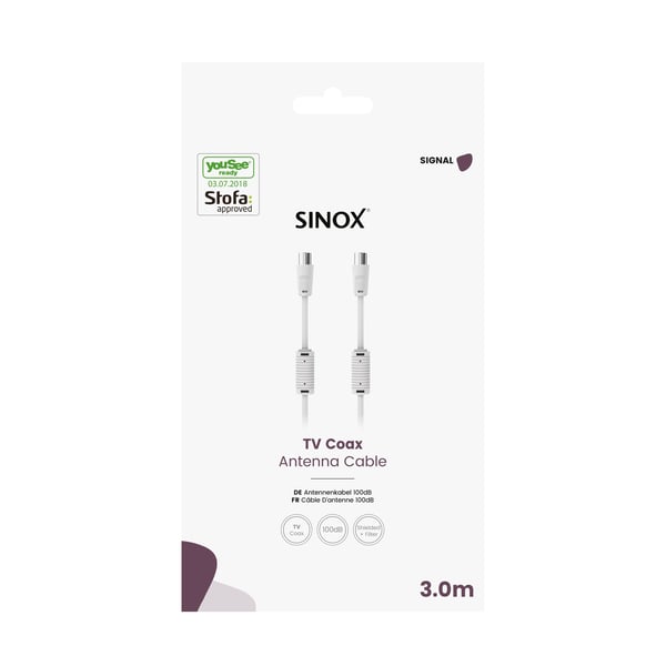 Sinox antennekabel 5 m koaksial, godkjent av YouSee og Stofa, hvit