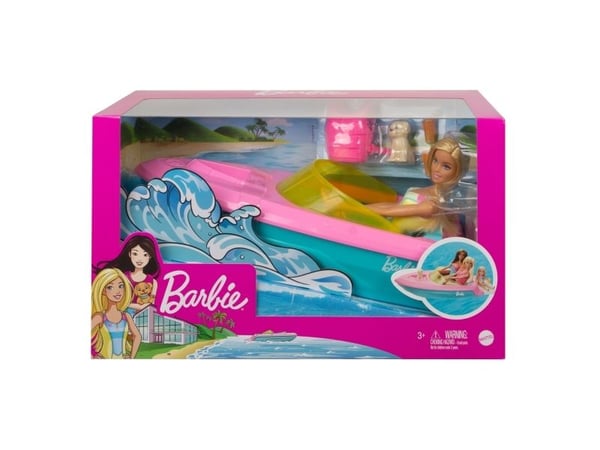 Barbie -nukke ja vene, koiranpentu ja tarvikkeita, kelluu vedessä, 3–7-vuotiaille, Nuken vene, 3 vuosi/vuosia, 700 g