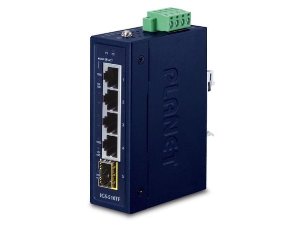PLANET IGS-510TF - Switch - ikke-styrt - 4 x 10/100/1000 + 1 x 1000Base-X SFP - DIN-skinnemonterbar, veggmonterbar - AC 24 V / DC 9 - 48 V