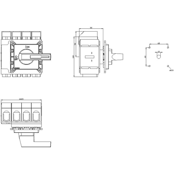 Siemens lastbryter, rød, gul, 4-polet, 185 mm², 250 A, 690 V/AC, 3LD24051TL13, 4P, IP65, 169 mm, 220 mm, 305 mm, 200 mm