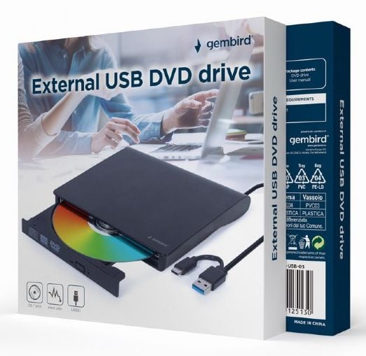 Gembird DVD-USB-031, Musta, Etu, CE, Työpöytä, DVD±RW, USB Type-C