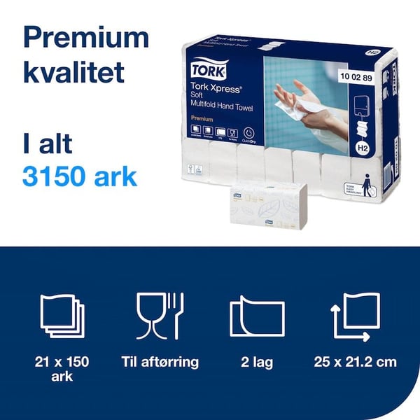 Håndklædeark Tork H2 Xpress® Soft Multifold Premium hvid - (150 stk. x 21 pakker)