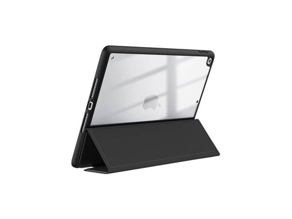 Crong PrimeFolio - iPad 10.2" (2021-2019) kotelo jalustalla ja Apple Pencil -säilytyslaitteella (musta/läpinäkyvä)