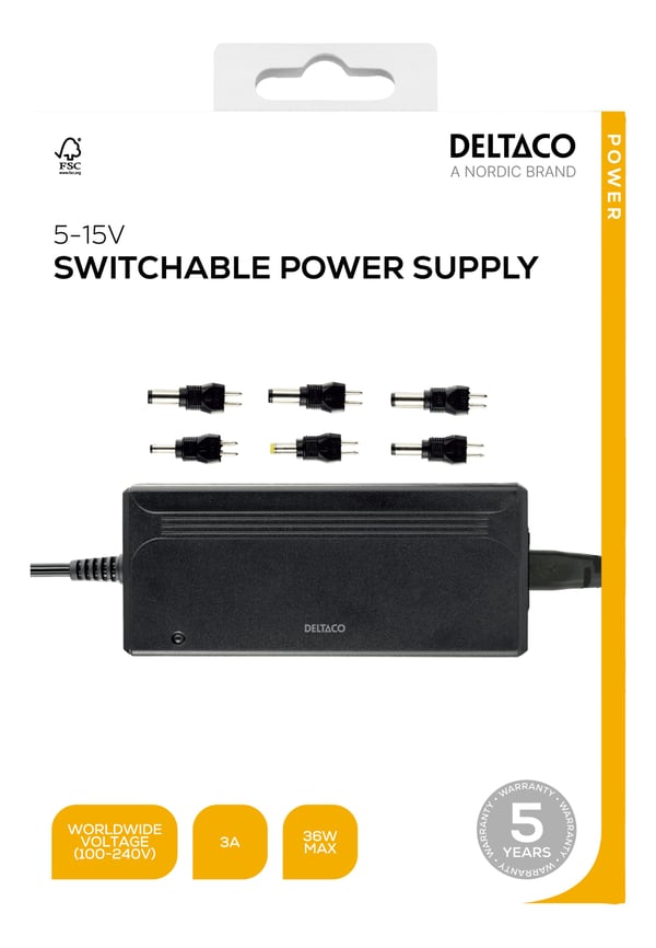 Deltaco PSR-30B strømforsyning 36 W, 5-15 V DC, 3 A maks, 6 plugger, svart