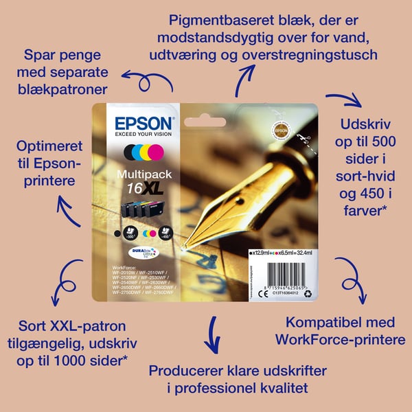 Epson Pen and crossword Singlepack Magenta 16 DURABrite Ultra Ink, Standard utskriftsproduksjon, Fiolblå, Pigmentbasert blekk, 3,1 ml, 1 stykker, E...