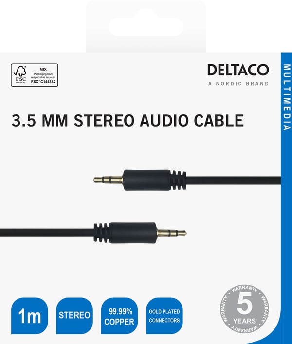 Deltaco Audio cable, 3.5mm, gold-plated, 1m, black, 3.5mm, Uros, 3.5mm, Uros, 1 m, Musta