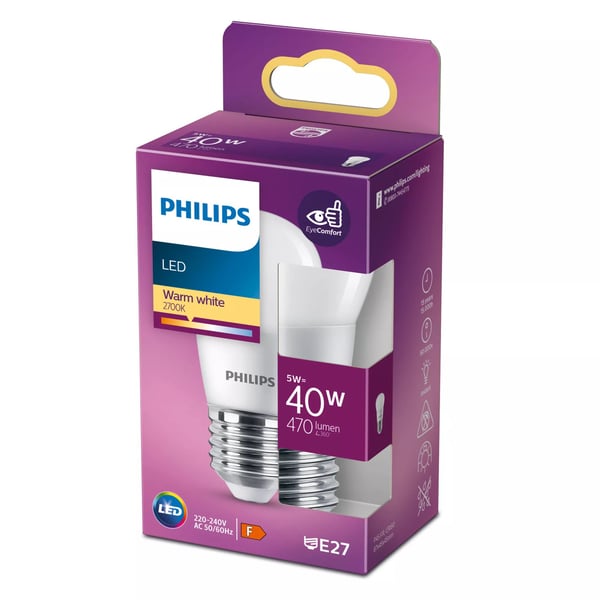 Philips Mignon, 40 W, P45, E27, 4,9 W, 40 W, E27, 470 lm, 15000 timer, Varm hvit