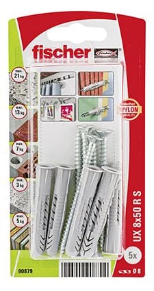 Fischer 90879, Ruuvi- & ankkurisarja, Höyrykarkaistu kevytbetoni, Tiili, Foam concrete, Metalli, Nailon, Harmaa, Hopea, PZ2, CE