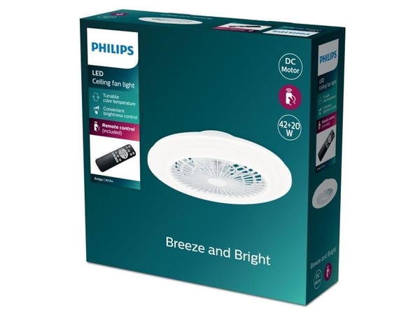 Philips Amigo takfläktslampa 42+20 W, Bladfläkt för hushållsbruk, Vit, Tak, Plast, 48,5 cm, IP20