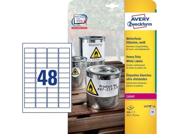 Laseretikett Avery L4778 vit 45,7x21,2 (förpackning med 960 etiketter) Laseretikett Avery L4778 vit 45,7x21,2 (förpackning med 960 etiketter)