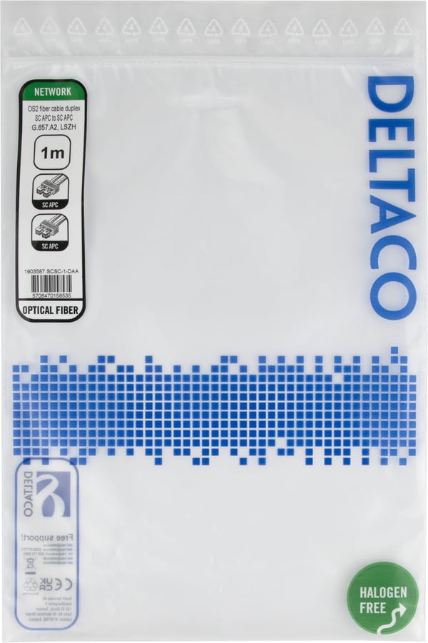DELTACO - Nettverkskabel - SC/APC-enkeltmodus (hann) til SC/APC-enkeltmodus (hann) - 1 m - 1 m - fiberoptisk - dupleks - G.657.A2/OS2 - halogenfri ...