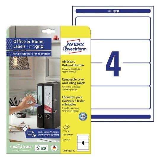 Etiketter Avery 192x61 mm, A4, hvit, avtagbar - for permer - (10 ark x 4 stk.)